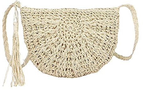 Spldsun Sac de Paille Eté Plage Glands Femme Sac à Bandoulière Rotin Vintage Bohemian Tissage Crossbody Demi-cercle Purse Pour Voyage Datation Beige