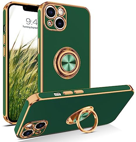 BENTOBEN for iPhone 13 Case with Ring, iPhone 13 Phone Case,Rotation Kickstand Holder Edge Plating Soft Silicone TPU Bumper Slim Flexible Shockproof Protective Cover for iPhone 13 6.1'', Green