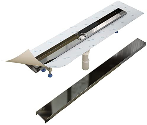Aquabad PVD beschichtete Edelstahl Duschrinne in Schwarz 90 cm, inkl. Domoplex Siphon und Blende, Abgang senkrecht Mitte