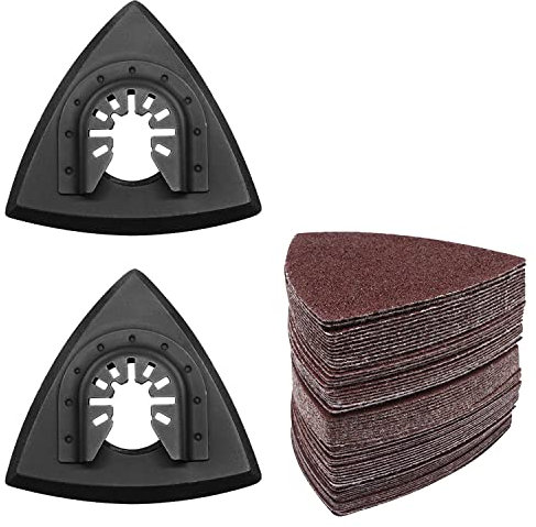 SWZHAI 2 PCS 3-1/8 Oscillating Tool Sanding Pad & 50 Pcs 80mm Triangle Sanding Pads Assorted 60/80/120/180/240 Grits, Universal Triangular Hook & Loop Multitool Sanding Pads Attachment Kits