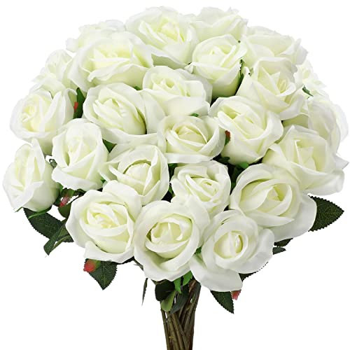 Künstliche Rosen, realistische Seidenrosen, langer Stiel, weiße Rosen, künstliche rote Seidenrosen, Blumenstrauß, künstlicher Hochzeitsstrauß für Muttertag, Heimdekoration, Tafelaufsatz, Party, Weiß,