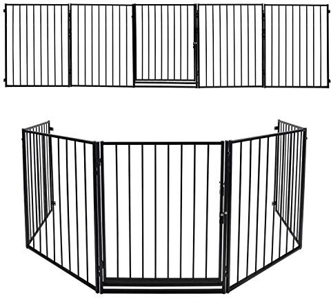 Joparri 2X Kaminschutzgitter mit Tür 304 cm Metall Ofenschutzgitter Laufgitter Laufstall Absperrgitter Tierschutzgitter Türschutzgitter für Kinder-Sicherung, 5-teilig (je 60 x 75 cm) Schwarz
