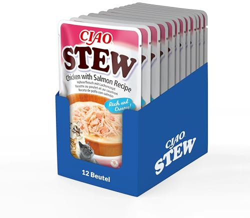 INABA Ciao Stew Katzenfutter Nass 86% Feuchtigkeit und Vitamin E, Premium Katzensuppe mit Huhn & Lachs 40 g (12er Pack), 100% natürliches Fleisch, Getreidefrei, Zuckerfrei