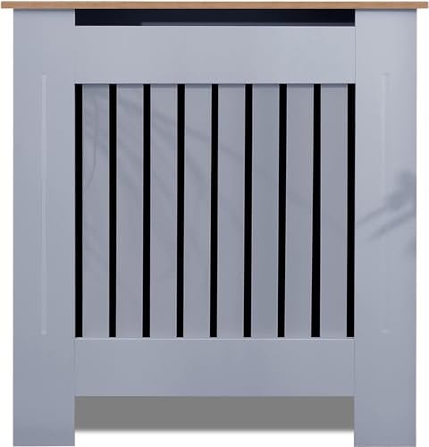 Blisswood Radiator Cover Vertical Pattern Slatted Small Radiator Covers MDF Wood Heating Covers Wood Top Shelf For Living Room Home Bedroom (Grey & Oak, 83.2 x 78 x 19 CM)