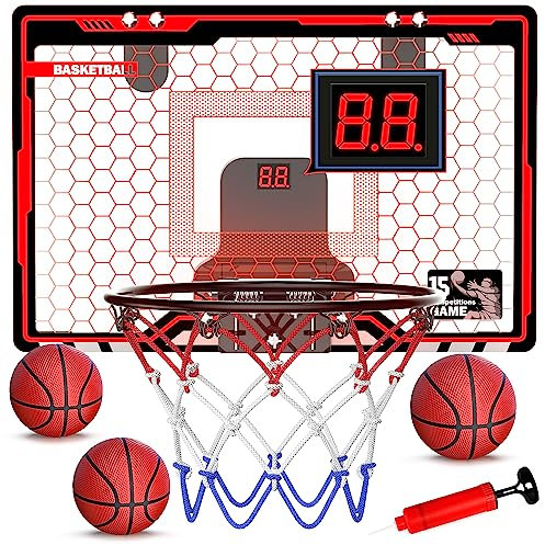 Hot Bee Mini Basketballkorb fürs Zimmer, Basketballkorb Kinder, Basketball Kinder, Basketballkorb Indoor mit Beleuchtung, Elektronischer Anzeigetafel und 3 Bäll