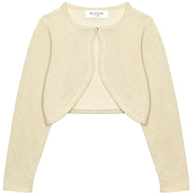 Bolerose Boléro Fille Pailleté Coton | Ouvert devant, Bouton cœur en strass, Fil scintillant, Coupe courte, Poignets côtelés, Sans paillettes volantes, 3-14 ans