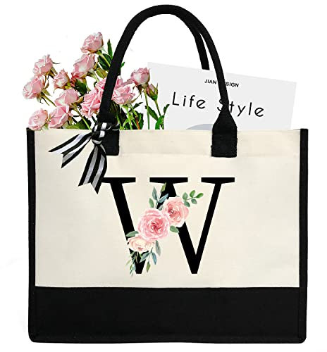 sundee Personalisierte Strandtasche aus Segeltuch mit Innentasche mit Reißverschluss, monogrammierte Geschenktasche für Hochzeit, Geburtstag, Urlaub, Schwarzer Buchstabe W, One Size