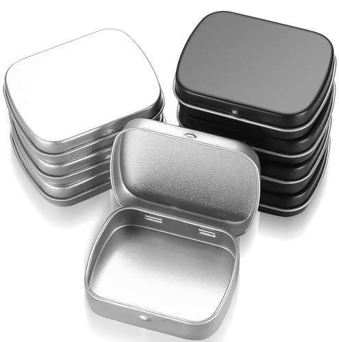 HAOCHEN 8 Pieces Rectangular Small Tin Boxes, Tins Containers, Empty Hinged Tins with Lids, Metal Storage Tin Box with Lid for Candy Key Earring Coin Organizer, Black+Silver, 2.4x1.77x0.59 Inch