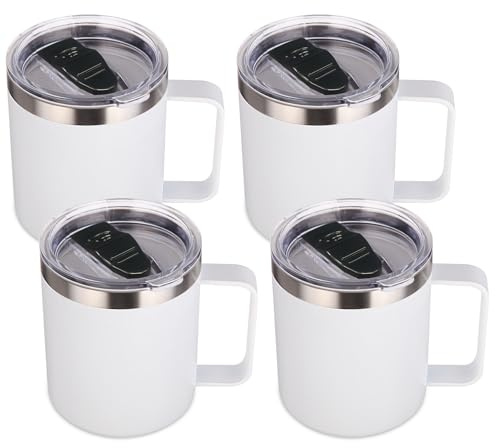 Volhoply 14oz Insulated Stainless Steel Coffee Mug with Lid Bulk 4 Pack,Double Wall Vacuum Travel Coffee Cup with Handle,Reusable Metal Tumbler,Camping Mugs Keep Hot,Christmas Gifts(White,4)