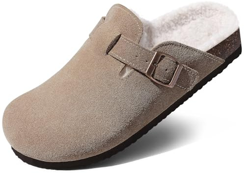 KIDMI Women's Fur Lined Suede Clogs Fuzzy Cork Footbed Mules Slip On Winter Potato Shoes, Taupe 40 (Size 8.5-9)