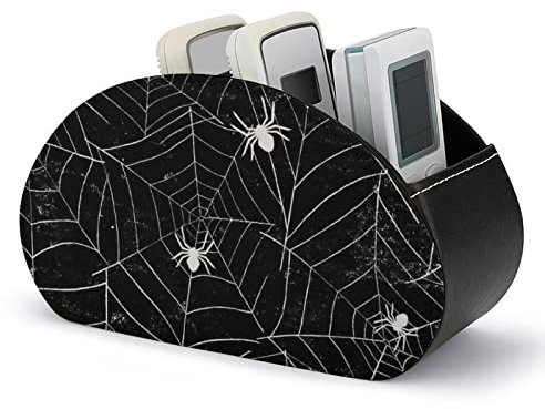 Fernbedienungshalter, Halloween, Schwarz und Weiß mit Spinnennetzen, dekorative TV-Fernbedienungs-Organizer-Box mit 5 Fächern, PU-Leder-Fernbedienungs-Caddy für DVD, Blu-ray, Media-Player, Büro