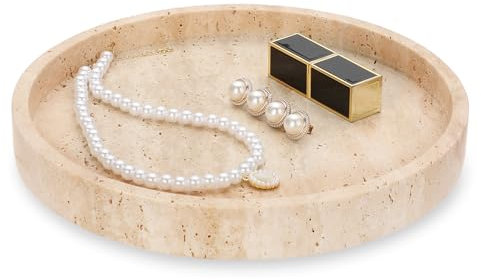 SUMNACON Natural Travertine Round Serving Tray, Beige - Minimalist Organizer for Jewelry, Trinkets, Makeup & More - Non-Slip Base - 25cm Diameter x 3cm H