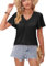 Rayson Camiseta Mujer Cuello en V Verano Camiseta de Poliéster Manga Corta Color sólido Casual Plisado Blusa Verano Básico Tops S-XL(Negro,L)