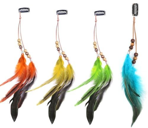FDCGAS Federn Haarextensions - 4 Stück Kopfschmuck Haarverlängerung mit Federn, Boho für Faschingskostüm Karneval Halloween Verkleiden Damen Cosplay Haardeko Zubehör Bunt Feder Haarspangen