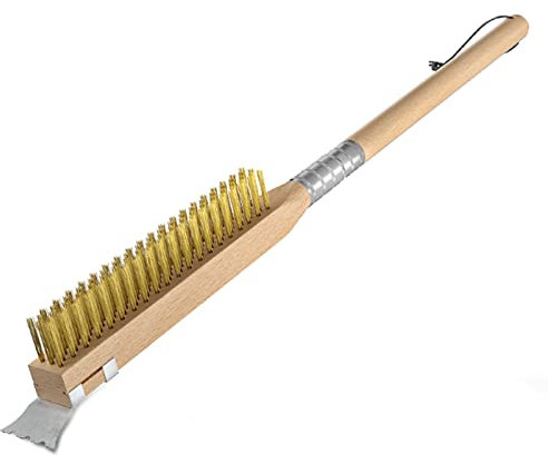 NUTUNI Pizzaofenbürste, Pizzastein Holzbürste mit Schaber, 63,5 cm Langer Holzgriff Pizzastein Reinigungsbürste, Outdoor Pizzaofen Zubehör
