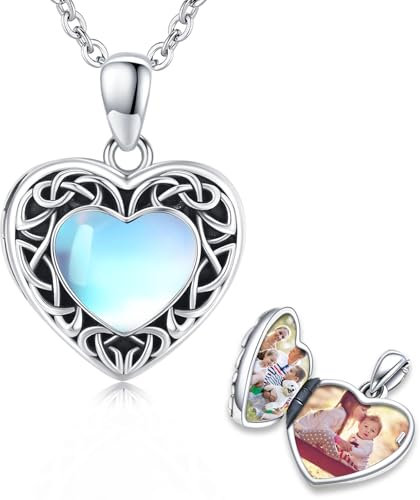 REDSUN Herz Medaillon Mondstein 925 Sterling Silber Herz Halskette mit Bild Mondstein Foto Medaillon Anhänger mit Bild Herz Schmuck Geschenke für Frauen Mädchen Mutter