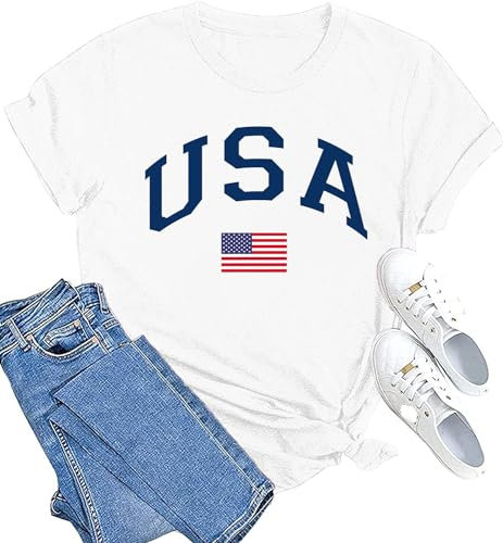 T-Shirt mit USA-Flagge für Damen, 4. Juli, Unabhängigkeitstag, Geschenk, Hemden, amerikanische Stolze, Sommer, lässig, kurzärmelig, Weiß 1, X-Groß