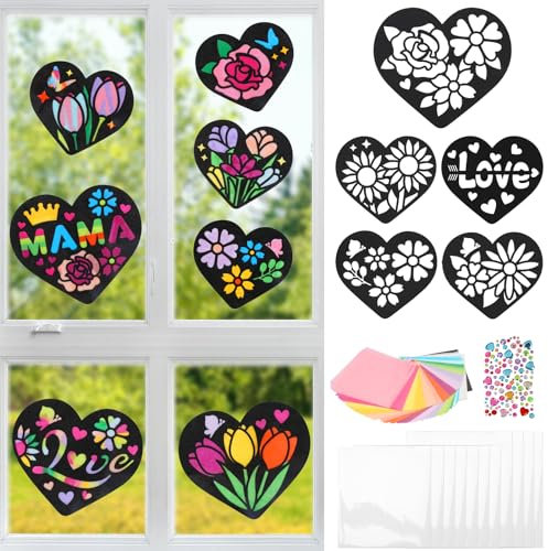 MONCAP 12 Stück MAMA Geschenk Basteln Herz Fenster Bastelset Kinder Kreativsets Kunsthandwerk mit Diamant Aufkleber Fensterbilder Papierbastelset Weihnachten Geschenk für Mama