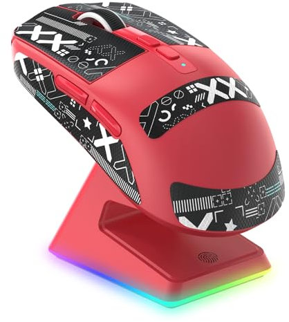 VGN Game Power Attack Shark X6 Superlight Kabellose Gaming-Maus mit RGB Ladestation, 49g Ultraleicht Mouse, PixArt PAW3395 Sensor, 26000DPI, 2.4G/BT/Kabelgebunden, Griptape-Set, G502, PC/Mac, Rot