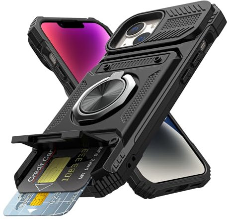Coolden for iPhone 14 Case with Card Holder [Max 2 Cards] Ring Holder Kickstand Armor Shockproof Military Grade Dual Layer Heavy Duty Protective Case Wallet Case Cover for iPhone 14 Phone Case-Black