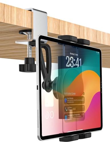 GDZN Kitchen Cabinet Tablet Holder, [C-Shaped Metal Clamp] Under Cabinet Tablet Mount with 360° Rotation for iPad Pro 11 12.9 Air Mini, Galaxy Tabs, Z Fold, Fire, E-Reader, Switch, 4-13 Devices