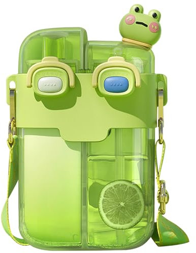 Linda Botella de Agua, 780 ml de Botella de Agua de chamer Dual Kawaii con Paja y Correa Ajustable, Botellas de Agua Doble, Botella de Agua Deportiva a Prueba de Fugas para niñas al Aire Libre (Rana)