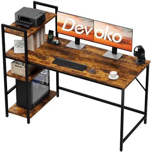 Devoko Computer Desk 140cm with Reversible Shelf, Corner Desk with 4-Layer Storage Ideal Study Computer Desk Writing Desk for Small Space (Rustic Brown)