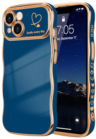 LCHULLE for iPhone 13 Case for Women Girls,Cute Curly Wave Frame Shape Love Heart Pattern Phone Case,Raised Camera Protection Case Luxury Plating Shockproof Cover for iPhone 13 6.1,Navy Blue