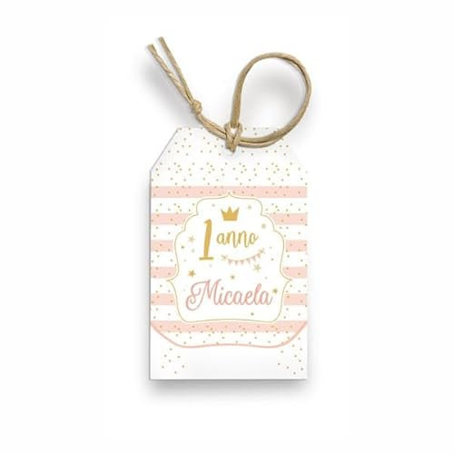 FERDINANDO FAMA' Bigliettino Bomboniera Tag 50 Pezzi Compleanno Personalizzato (Principessa Rosa Cipria e Oro)