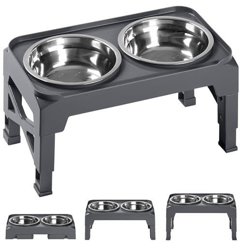 Hubulk Elevated Dog Bowls with 2 Stainless Steel Dog Food & Water Raised Bowls with No Spill Edge Non-Slip Stand Adjusts to 3 Heights(2.75, 6.0, 7.5) for Small Medium Dogs and Pet S-Grey