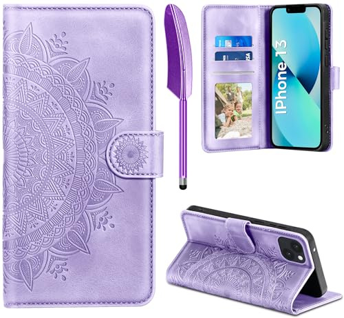 EASDNB Lederhülle für iPhone 13 Hülle, Handyhülle für iPhone 13 Flip Wallet PU Leder Case [Kartenfach] [Magnet] [Ständer] Prägung Klapphülle Schutzhülle für iPhone 13 6.1 Zoll, Hellviolett