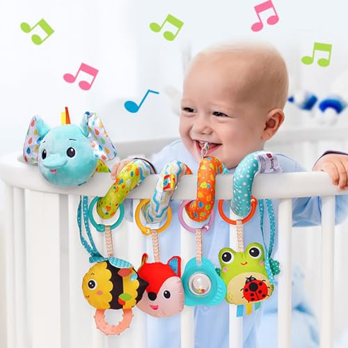 Kulveanju Kinderwagen Spielzeug Baby, Babyschale Autositz Bett Activity Spirale Spielzeug, Plüschtier Hänge Sensorik Spielzeug Geschenk für Neugeborenen Mädchen & Junge 0 3 6 9 12 Monate,Elefant