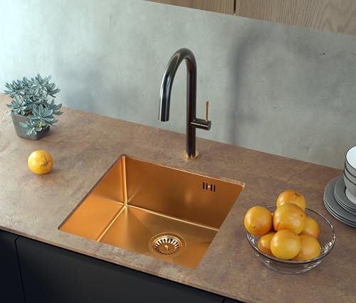 VBChome Fregadero de 44 x 44 x 19 cm, acero inoxidable, color cobre, cuadrado, empotrable, mínimo, 45 cm, lavabo grande y profundo, sifón