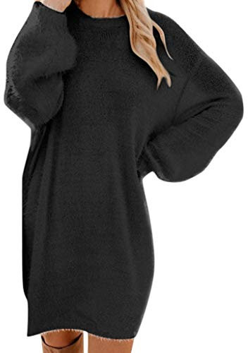 Pulloverkleid Generisch Damen Oversize Lose Strickkleid Winter Lange Pullover Dress Elegant Einfarbig Flauschig Warm Pullikleid Longpullover Lässig Rundhals Langarm Knielang Winterkleid(A Schwarz,3XL)
