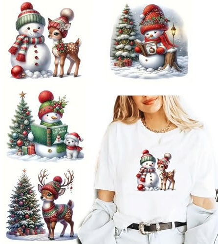 4pcs Christmas Snowman Reindeer Christmas Tree Iron On Transfers for T-Shirts Rub on Transfers Stickers Vinyl Ready to Press Stickers Iron on Decals for T-Shirts Clothing Hoodie DIY Crafts