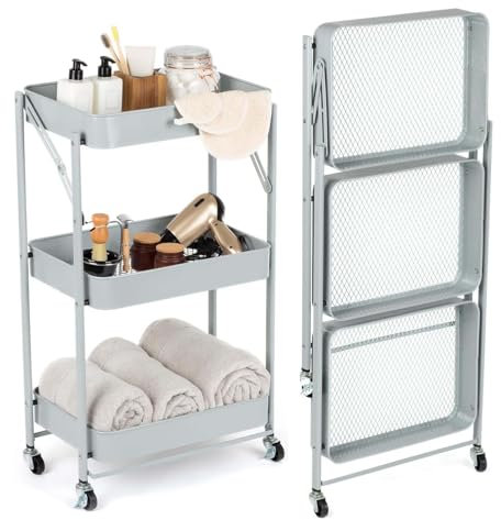 NTEK 3 Tier Foldable Storage Trolley | Foldable Rolling Cart with Locking Wheels | Grey