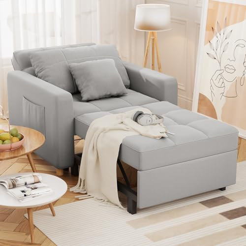 UNIONLINE Single Sofa Bed Chair 192cm, Sleeper Chair Bed Pull Out Convertible, 3-in-1 Adjustable Sleep Armchair with Side Pocket for Small Room/Living Room/Apartment, Grey