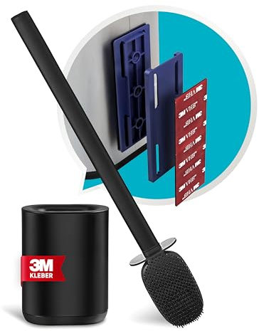 MATERIUM® Silikon Toilettenbürste mit Halter - Schwarz Edelstahl - OHNE Bohren - Stand und Wandmontage - 3M Halterung EXTRA STARK - Rostfrei - Flach (Schwarz)