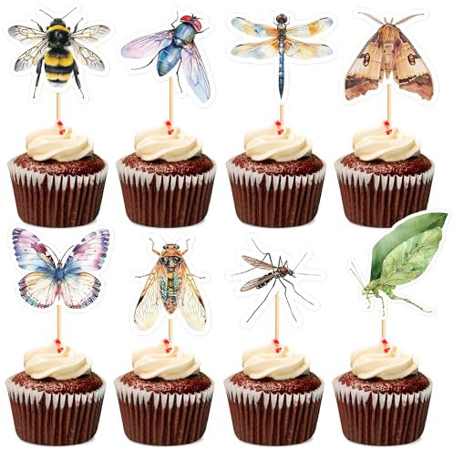 Blumomon 32 Stück Fliegende Insekten Tiere Deko Kleine Insekten sehen lebensecht aus Erinnerungen andie Kindheit Cupcake Toppers Insekten Cake Dekorationen
