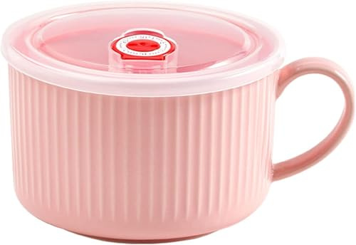 Keramik Suppenbecher Mit Deckel & Griff Für Studentenwohnheim, 800ml Große Kaffeetasse Haferflocken Müsli Suppenschalen Für Backofen Mikrowelle Geschirrspüler, Pink