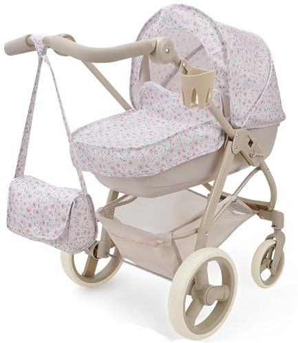 509 Crew: Little Flora - Bella 2-in-1 Doll Pram - Flower-Tan-Pink, Convertible Toy Stroller, Removable Bassinet, Adjustable Handle, Folding, Kid 3+