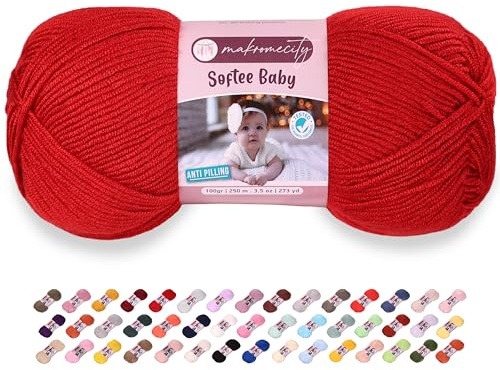 Makromecity Softee Baby Garn, 100% Anti-Pilling Acryl, 100 g, 250 m, weiches Premium Garn zum Häkeln und Stricken, Baby-Strickjacken, Decken, Mützen und Babyschuhe (Rot, 1 Strang)