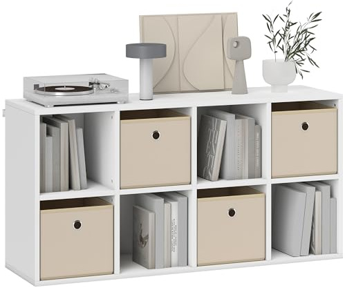 HOMCOM Scaffale a 8 cubi, libreria, libreria, con 4 cassetti in tessuto, orizzontale o verticale, per soggiorno, camera da letto, studio, 105,9 x 30 x 53,7 cm, bianco e beige