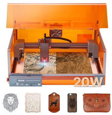 VEVOR Máquina de Corte y Grabado Láser 20 W, con Carcasa, 7000 mm/min, Área de Trabajo 300 x 300 mm, para Madera, Cuero, Vidrio y Ciertos Metales, Clase 1, para Uso Doméstico, Escolar y Taller