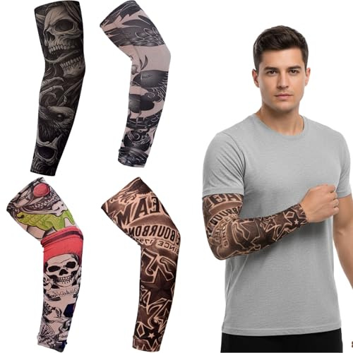 ENAESLOT 4 PCS Tattoo Sleeves for Men,Fake Temporary Cool Tattoo Sleeves,Summer Sunscreen Supplies, Halloween Dress,Fake Tattoo Seamless Sleeves for Outdoor or Party