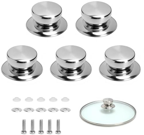 XRVRILE Topfdeckelgriff Edelstahl Universal Ersatzgriff – Passend für Topfdeckel mit 5–10 mm Loch, hitzebeständiger Griff für Glasdeckel & Pfannendeckel, Topfdeckelknopf Set mit Schrauben 5 Stück