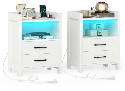 COSTWAY Nachttisch mit LED-Lichtern und Ladestation, 2er Set, Beistelltisch mit 2 Schubladen, offenen Fächern & Fernbedienung, Sofatisch, Nachtschrank für Boxspringbett, 45 x 35 x 60 cm (Weiß)