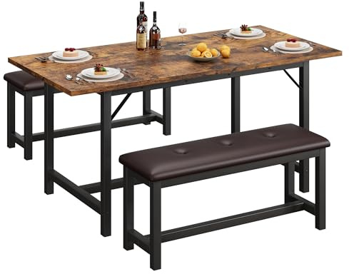 Niwugady Essgruppe Ausziehbarer Esstisch mit 2 PU Gepolsterten Bänken Set für 4–6 Personen, Esszimmertisch mit Eisenbeinen, Esstisch 120-160 x 70 x 78 cm, Küchenmöbel, Esszimmermöbel