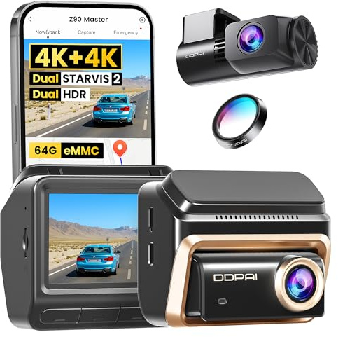 DDPAI Z90 Master 4K+4K Dual Dashcam, 2X IMX678/64GB eMMC mit 128GB Karte | Dash cam Dual STARVIS 2 HDR , inkl. CPL, Nacht+Anti-Flicker, 3K/60fps Autobahn, GPS/ADAS, WLAN, 4G LTE, 24h Parkwache, IPS 3
