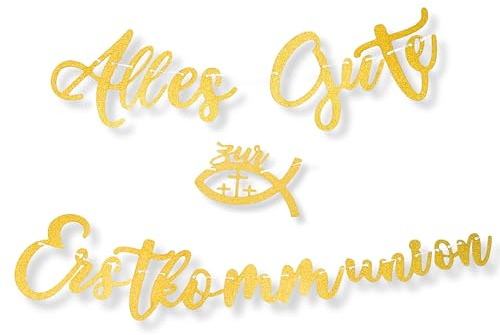 LowCarbonLife Erstkommunion Girlande „Alles Gute zur Erstkommunion mit Fisch-Motiven – Glitzer Hängedeko Banner Gold 1,6 m – Kommunionsdeko Erstkommunion Deko für Jungen & Mädchen (Gold A)